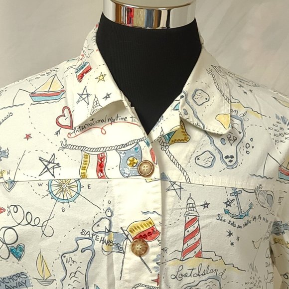 Vtg GRAFF Womens 1X White Nautical Seaside Embellished Button Down Jacket - Picture 2 of 14